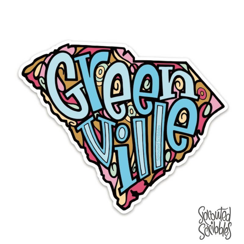 Greenville Sticker - State Shape Lettering Whimsical SC