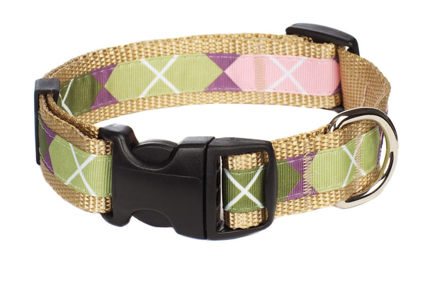 Sweet Pea Dog Collar - Pink Argyle on Tan