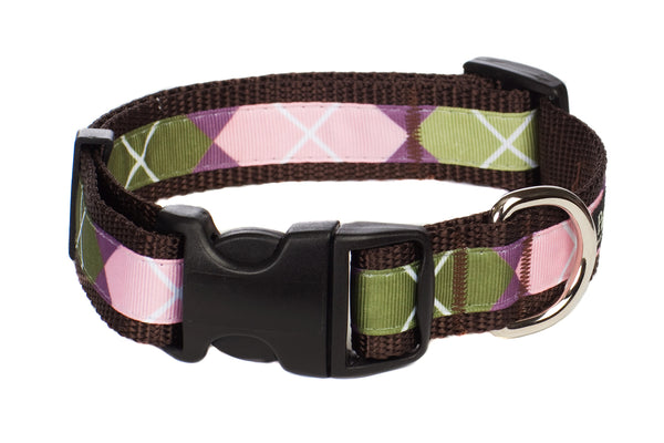 Sweet Pea Dog Collar - Pink Argyle on Brown