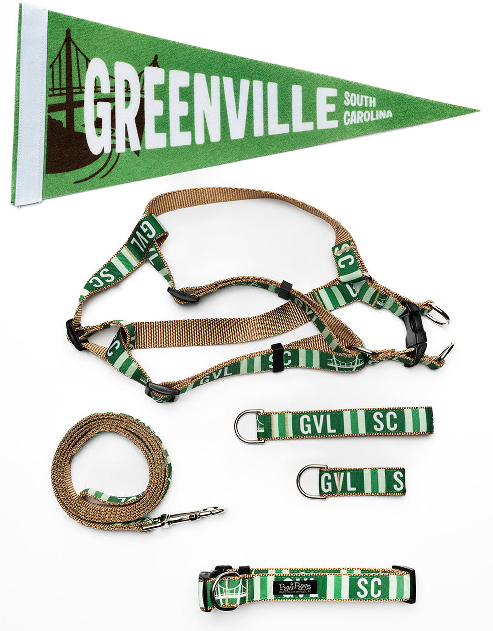 Dog accessories set with Greenville South Carolina-themed items on a white background