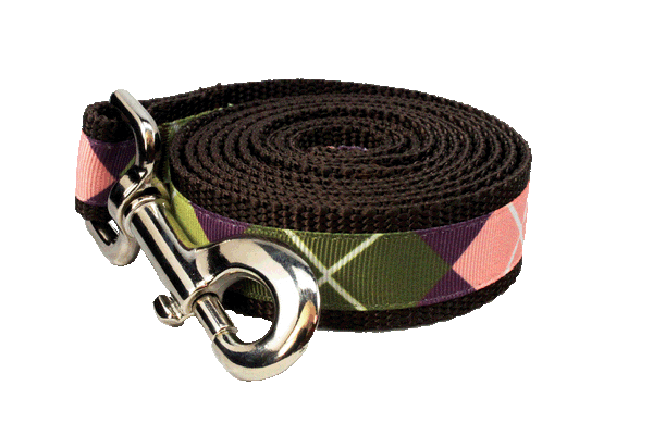 Sweet Pea Dog Leash - Pink Argyle on Brown